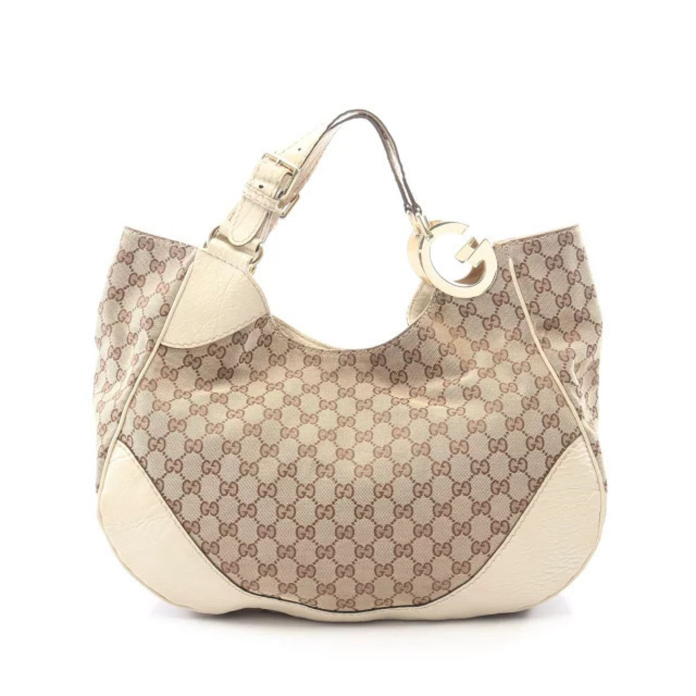 Gucci GG Canvas Shoulder Bag Leather Beige Cream Ivory White